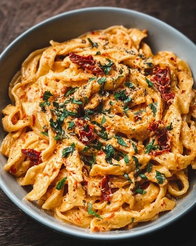 Creamy vegan sun-dried tomato pasta served in a bowl