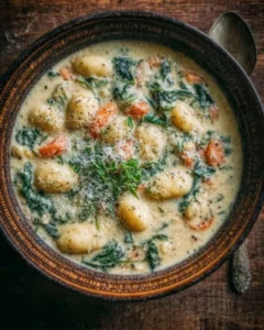 Bowl of creamy vegetarian gnocchi soup with vegetables and herbs