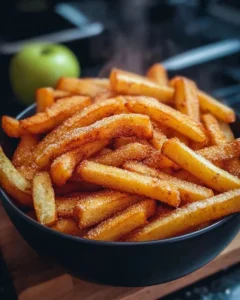 Crispy air fryer apple fries served in a bowl, drizzled with caramel sauce.