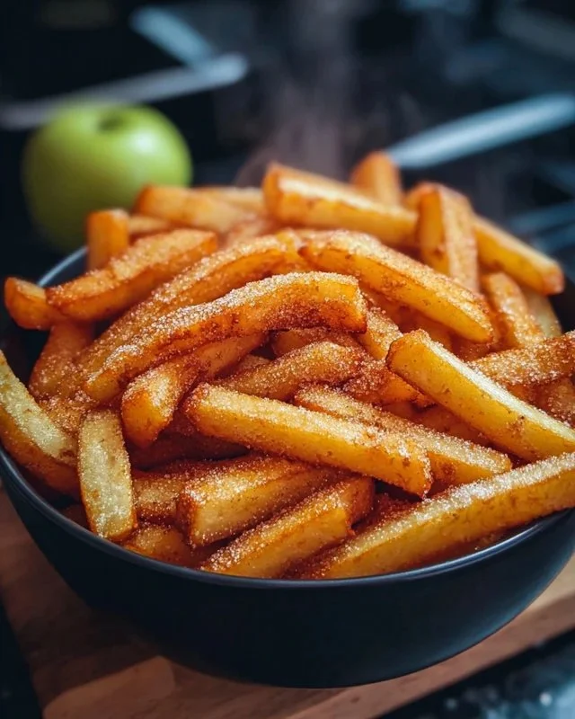 Crispy air fryer apple fries served in a bowl, drizzled with caramel sauce.
