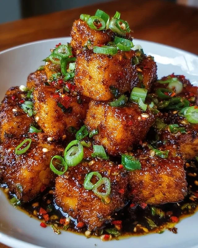 Crispy honey garlic tofu served on a plate with fresh vegetables