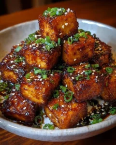 Delicious crispy honey garlic tofu served on a plate with green onions.