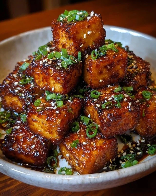 Delicious crispy honey garlic tofu served on a plate with green onions.