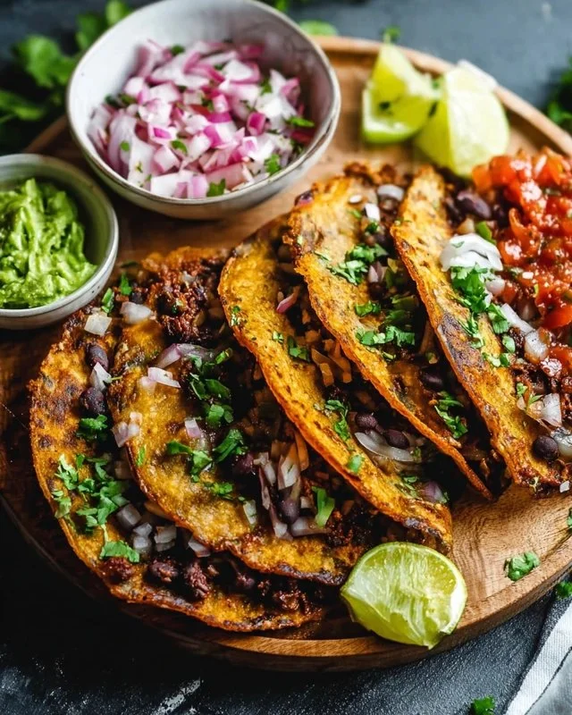 Crispy sheet pan black bean tacos served with fresh toppings