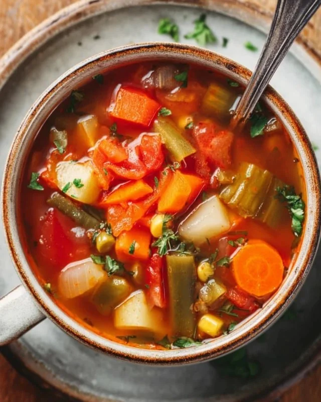 Bowl of easy vegetable soup with fresh vegetables and herbs