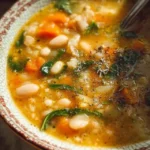 Bowl of flavorful white bean soup with herbs and spices