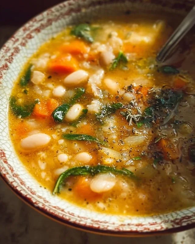 Bowl of flavorful white bean soup with herbs and spices