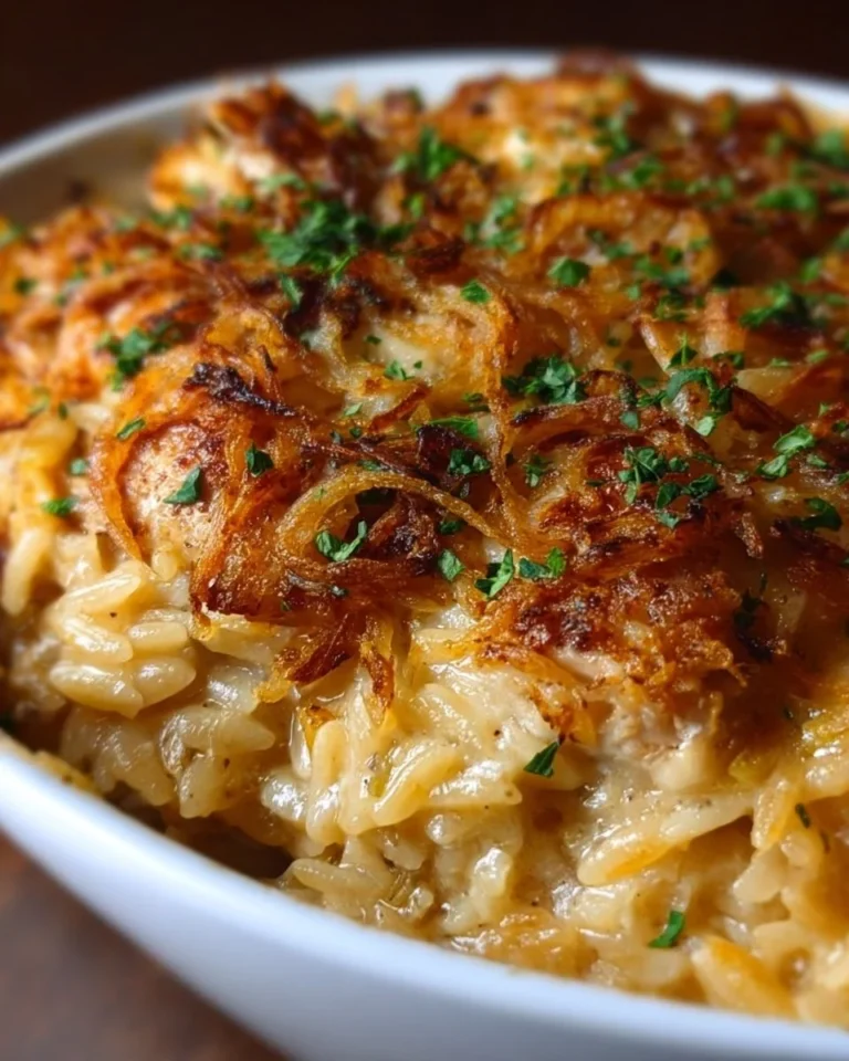 French Onion Chicken Orzo Casserole in a baking dish topped with melted cheese