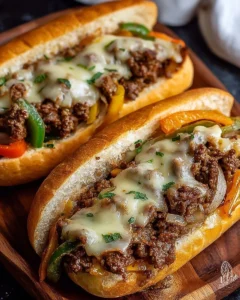 Delicious Ground Beef Philly Cheesesteaks served on a plate with toppings.