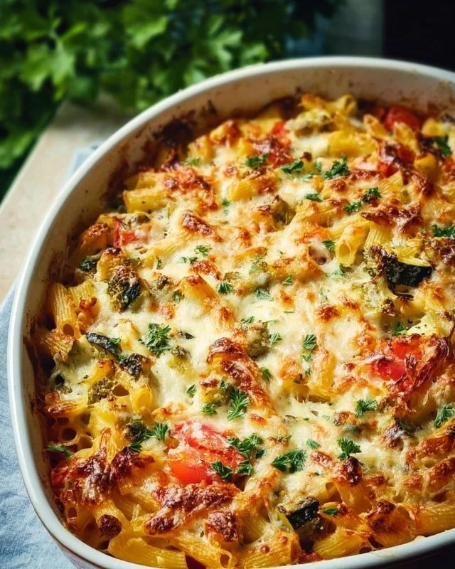 Healthy Mediterranean Vegetable Pasta Bake with fresh vegetables and pasta