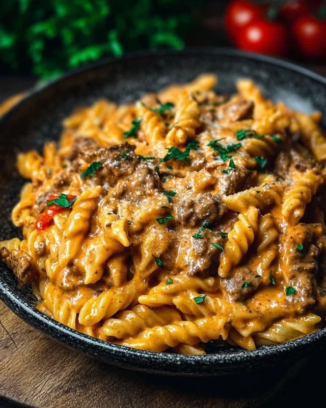 Creamy beef pasta dish served in a bowl with fresh herbs and cheese on top