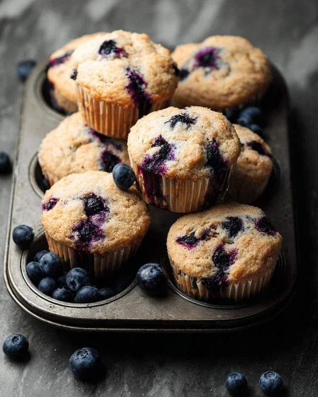 Freshly baked homemade blueberry protein muffins on a baking tray