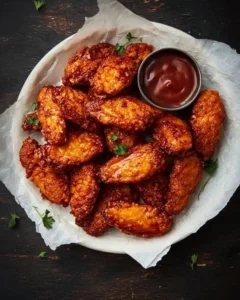 Tasty jackfruit wings served with dipping sauce and garnished with fresh herbs.