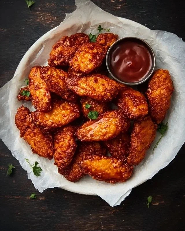 Tasty jackfruit wings served with dipping sauce and garnished with fresh herbs.