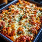 Delicious loaded veggie baked ziti with colorful vegetables and cheesy topping.