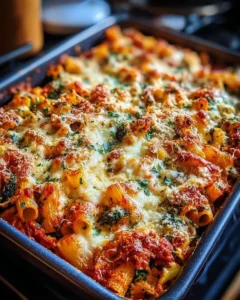Delicious loaded veggie baked ziti with colorful vegetables and cheesy topping.
