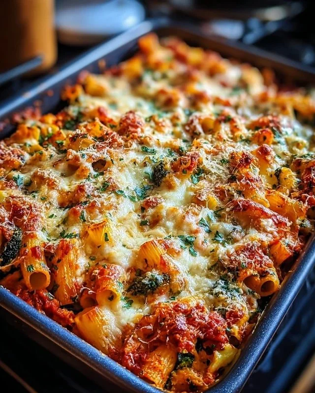 Delicious loaded veggie baked ziti with colorful vegetables and cheesy topping.