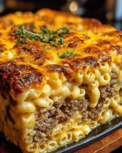 Delicious Mac and Cheese Meatloaf Casserole served in a dish.