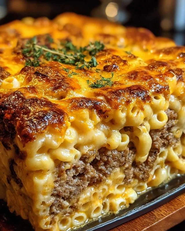 Delicious Mac and Cheese Meatloaf Casserole served in a dish.