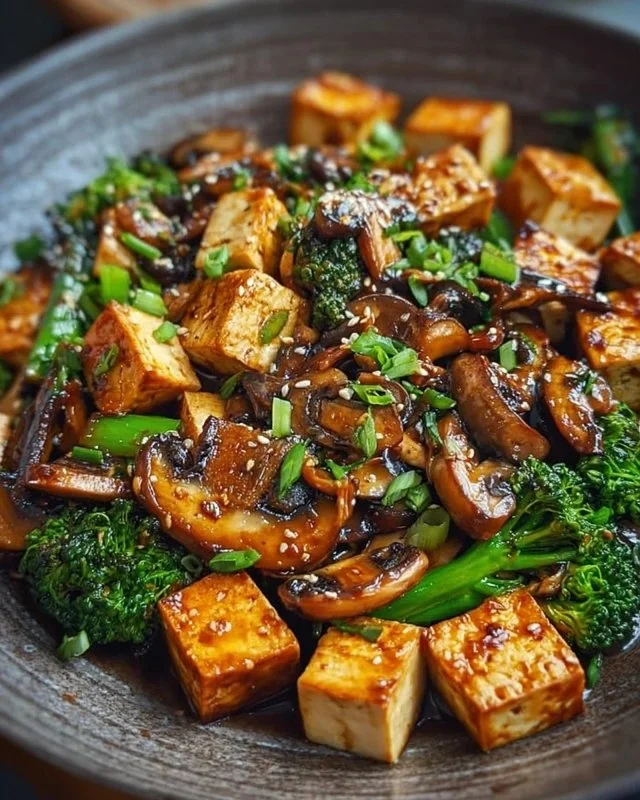 Delicious Mushroom Tofu Stir-Fry served in a colorful bowl with vibrant vegetables.