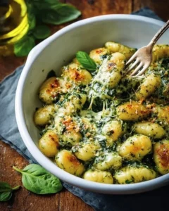 Plate of pesto gnocchi garnished with fresh basil and parmesan cheese.