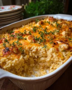 Pioneer Woman Chicken Rice Casserole topped with herbs and served in a baking dish.