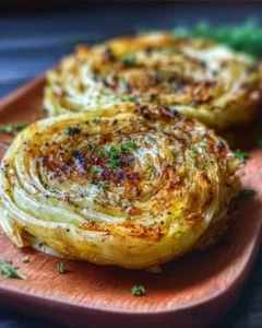 Plate of roasted cabbage steaks garnished with herbs and spices
