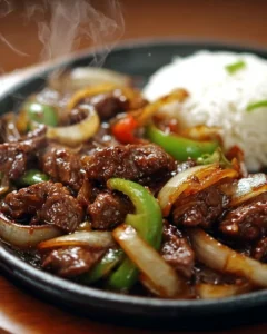 Delicious sizzling Chinese pepper steak with onions on a plate