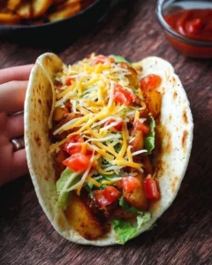 Spicy potato soft taco on a plate with toppings and salsa