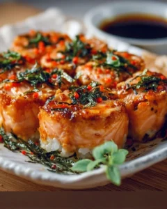 Delicious Spicy Salmon Sushi Bake served on a plate with fresh garnishes.