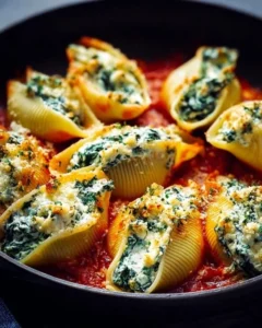 Baked spinach and ricotta stuffed shells topped with marinara sauce and cheese