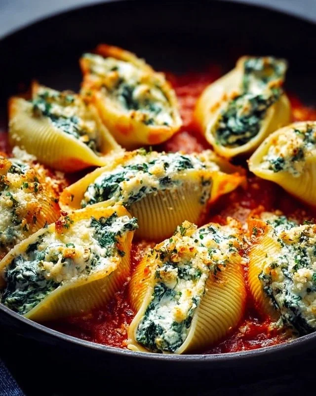 Baked spinach and ricotta stuffed shells topped with marinara sauce and cheese