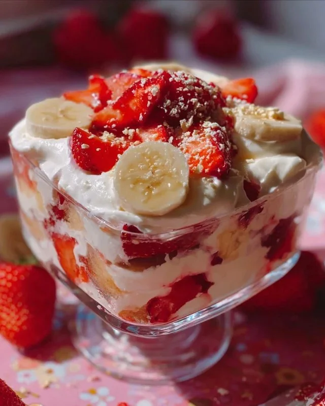 Strawberry banana pudding dessert topped with fresh strawberries and whipped cream