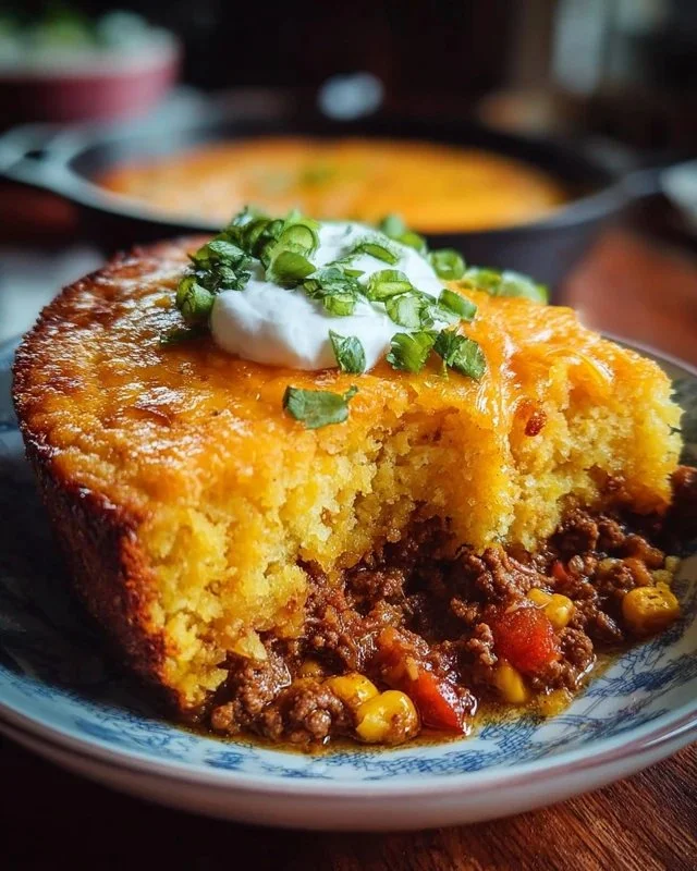 Delicious Texas Tamale Pie served in a rustic dish with toppings.