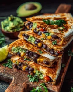 Vegan quesadillas with black beans and avocado on a plate