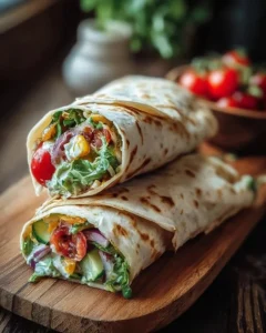 Colorful vegan veggie wraps filled with fresh vegetables and herbs