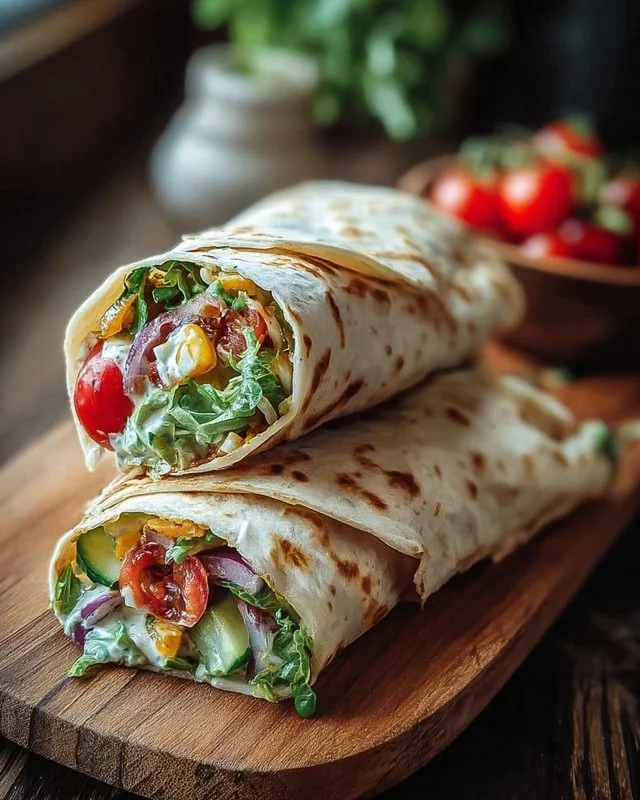 Colorful vegan veggie wraps filled with fresh vegetables and herbs