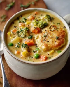 Delicious Veggie Pot Pie Soup in a bowl, showcasing colorful vegetables and creamy broth.