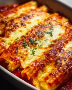 Delicious 4-Cheese Manicotti served in a baking dish with melted cheese on top.