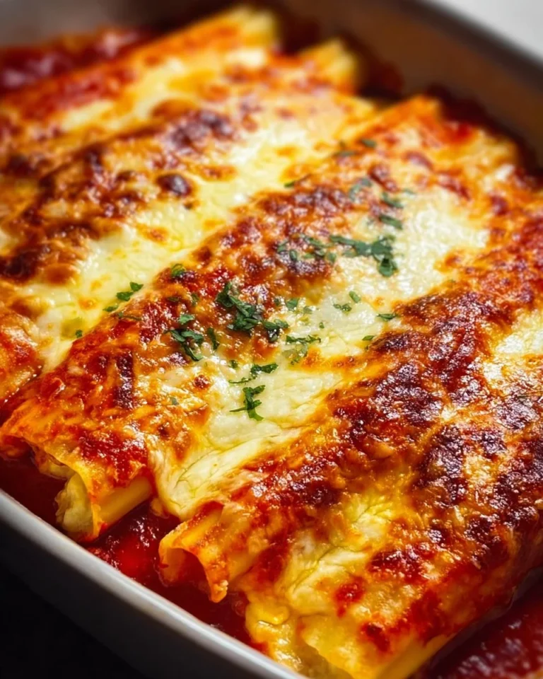 Delicious 4-Cheese Manicotti served in a baking dish with melted cheese on top.