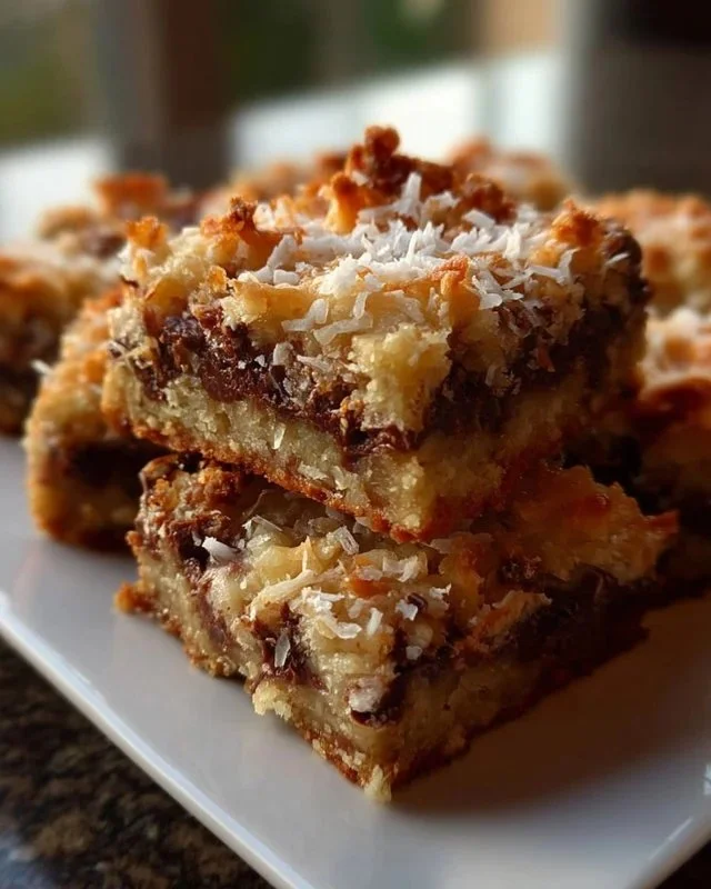 Delicious 7 Layer Bars with chocolate, nuts, and coconut layers