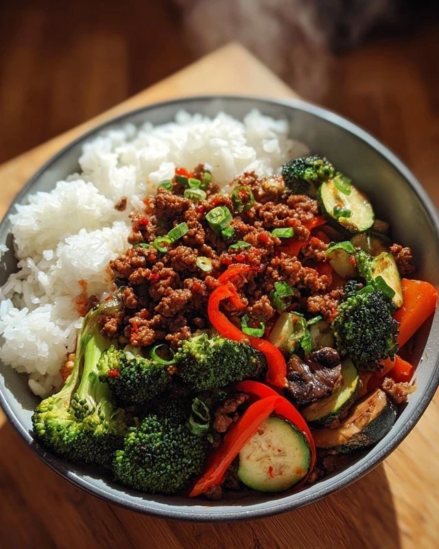 Spicy Ground Beef Stir-Fry Bowl with Garlic Veggies & Steamy Rice