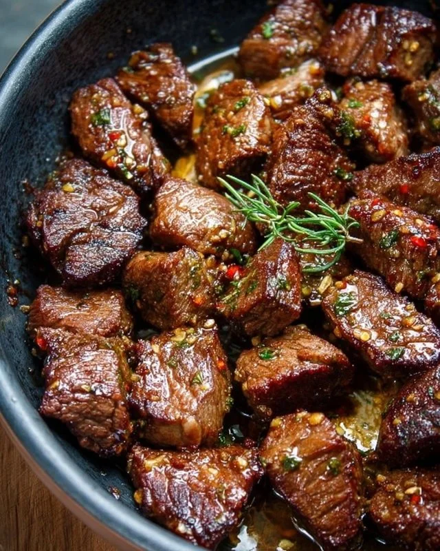 Plate of Air Fryer Garlic Butter Steak Bites garnished with herbs