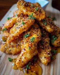 Plate of crispy Air Fryer Honey Butter Garlic Chicken Tenders garnished with herbs.