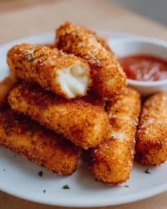 Crispy air fryer mozzarella sticks served with marinara sauce