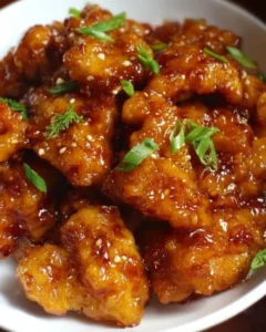 Crispy Air Fryer Orange Chicken served on a plate with sesame seeds and green onions