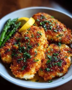 Delicious Air Fryer Parmesan Crusted Chicken with golden crust and juicy interior.