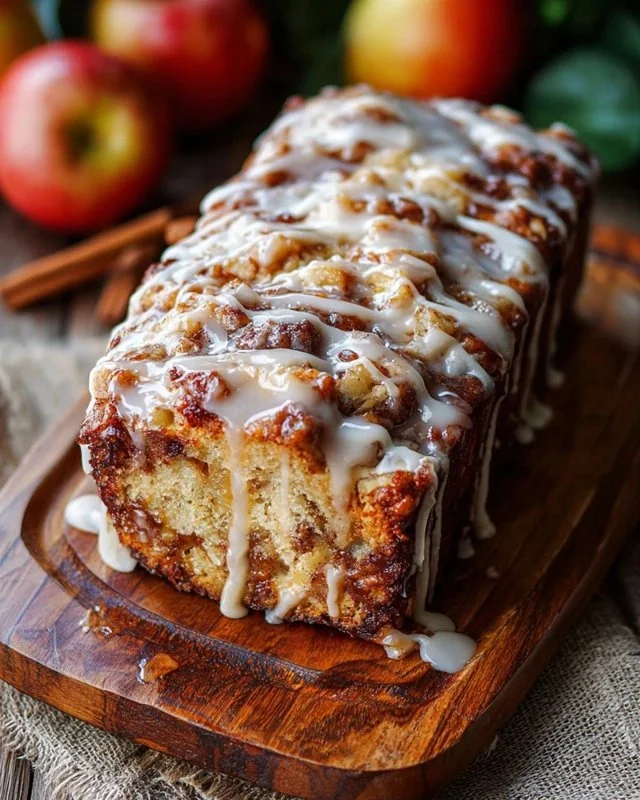 Loaf of homemade Amish Apple Fritter Bread topped with glaze and apples.