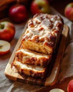 Loaf of Amish Apple Fritter Bread with apple chunks and cinnamon glaze