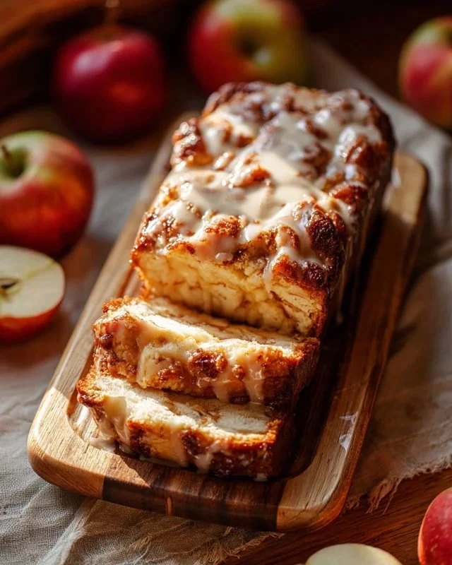 Loaf of Amish Apple Fritter Bread with apple chunks and cinnamon glaze